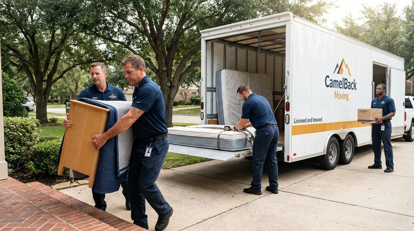 Crew loading residential truck for cross-state move from Fort Drum, NY