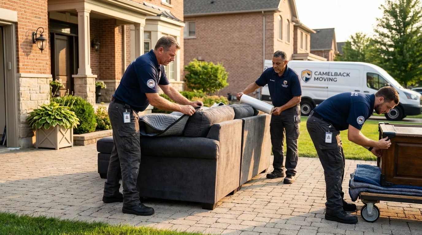 Large estate moving crew wrapping furniture in Fort Drum, NY