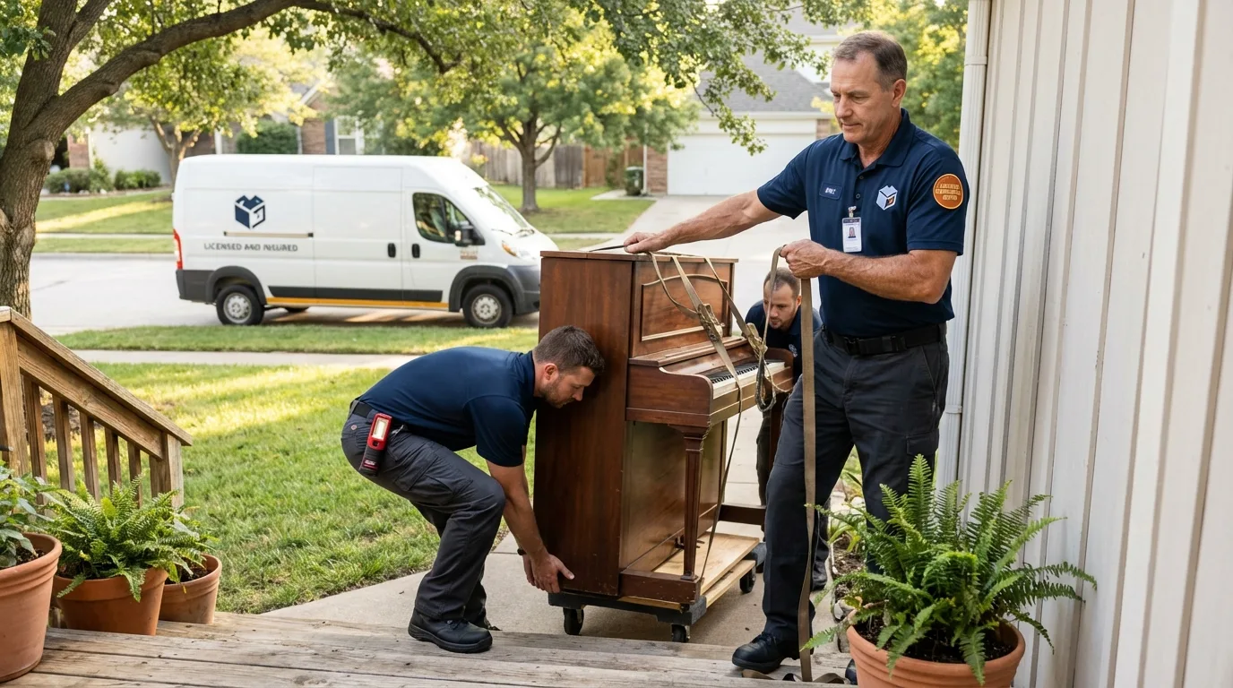 Licensed piano movers securing grand piano in Fort Drum, NY