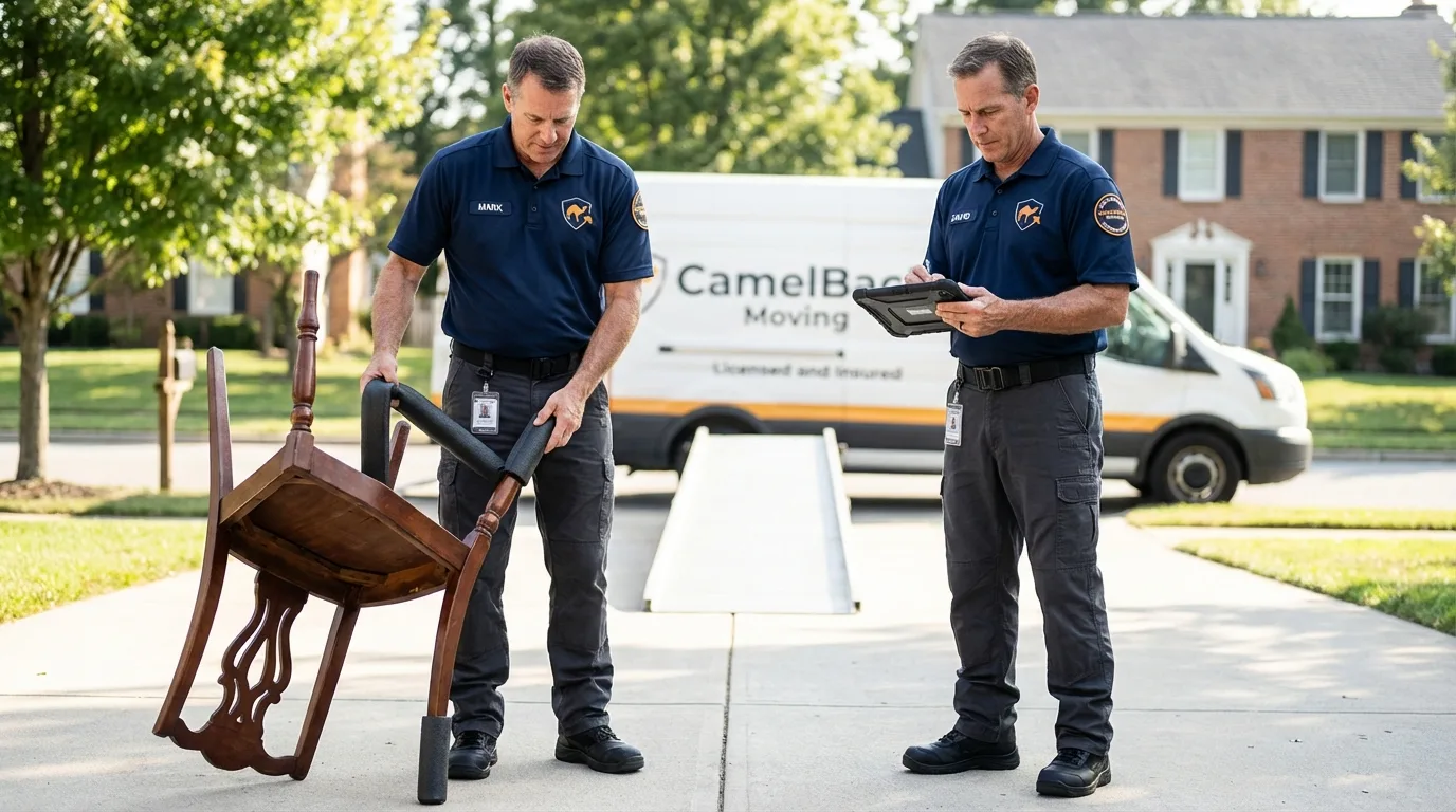 Movers inspecting furniture for damage prevention before loading in Fort Drum, NY