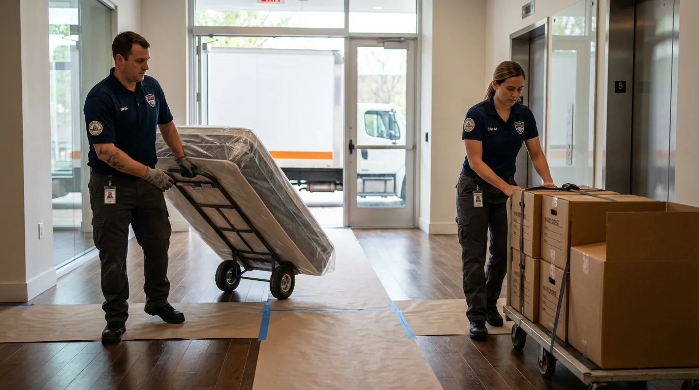 Professional apartment movers loading elevator in Fort Drum, NY