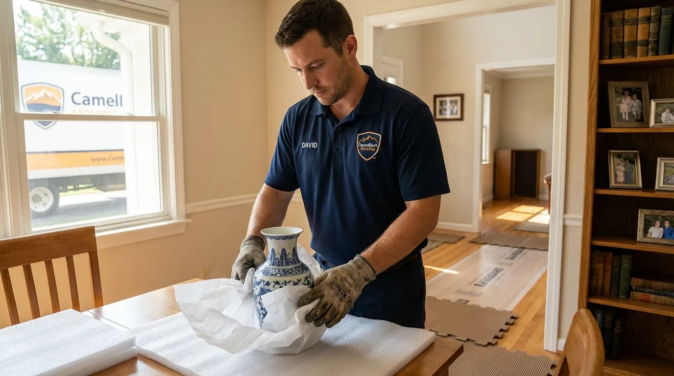 Professional crew carefully wrapping antique vase for senior downsizing move in Fort Drum, NY